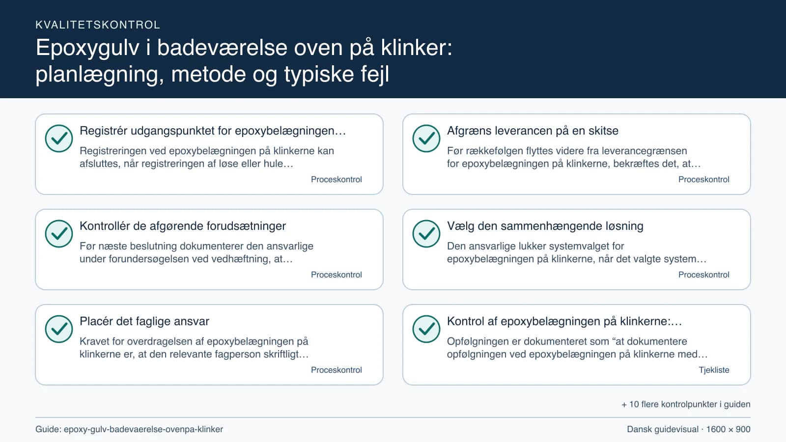 Kvalitetskontrol med checkpointet “Før rækkefølgen flyttes videre fra leverancegrænsen for epoxybelægningen på klinkerne, bekræftes det, at arbejdsområdet for epoxybelægningen på klink…”.
