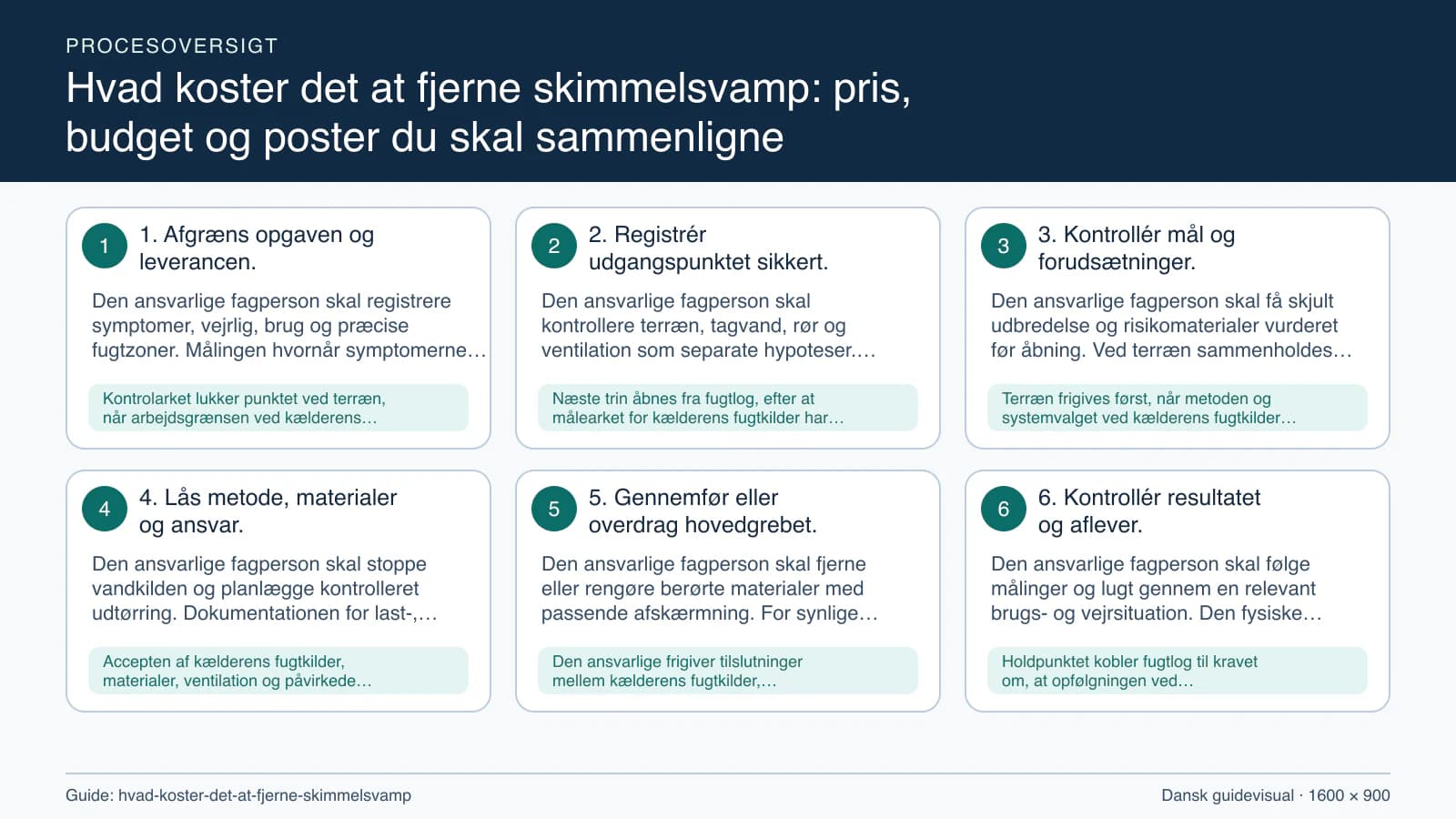 Procesoversigt til guiden “Hvad koster det at fjerne skimmelsvamp: pris, budget og poster du skal sammenligne” med konkrete arbejdstrin og kontrolpunkter.