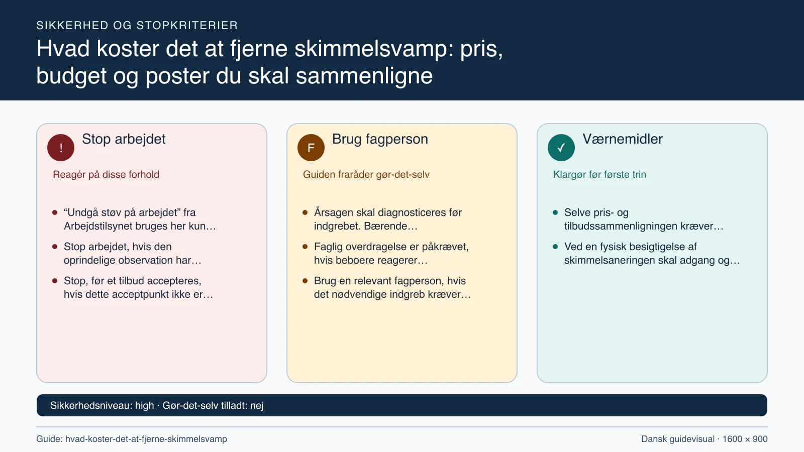 Sikkerhedsoversigt med stopkriterier, fagpersonopgaver og nødvendige værnemidler.