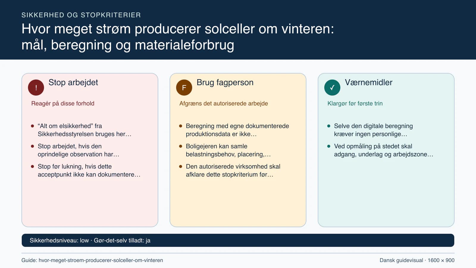Sikkerhedsoversigt med stopkriterier, fagpersonopgaver og nødvendige værnemidler.