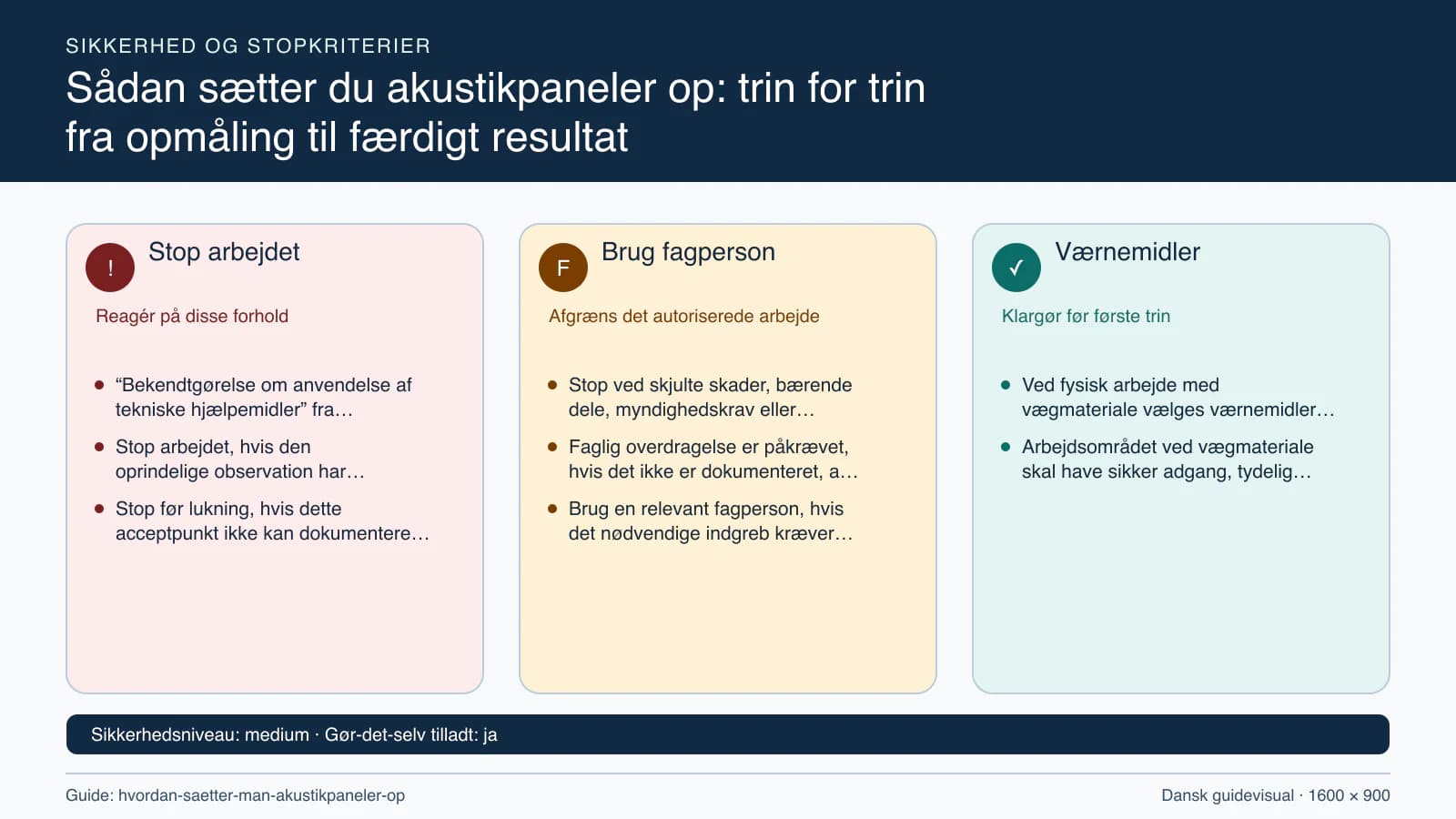 Sikkerhedsoversigt med stopkriterier, fagpersonopgaver og nødvendige værnemidler.