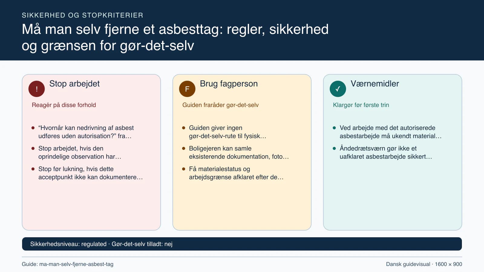 Sikkerhedsoversigt med stopkriterier, fagpersonopgaver og nødvendige værnemidler.