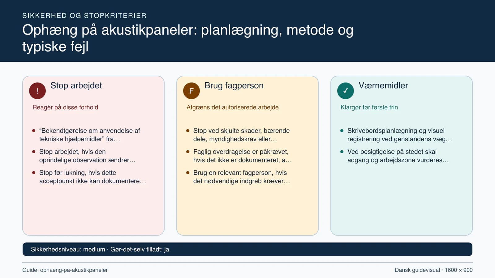 Sikkerhedsoversigt med stopkriterier, fagpersonopgaver og nødvendige værnemidler.