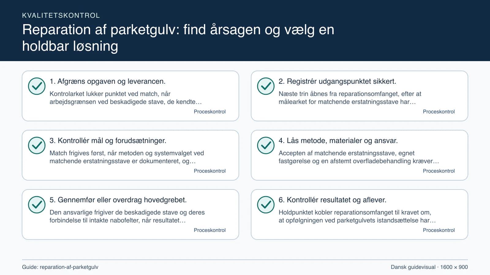 Kvalitetskontrol med checkpointet “Næste trin åbnes fra reparationsomfanget, efter at målearket for matchende erstatningsstave har placering, enhed, dato, metode og alle åbne spørgsmål…”.