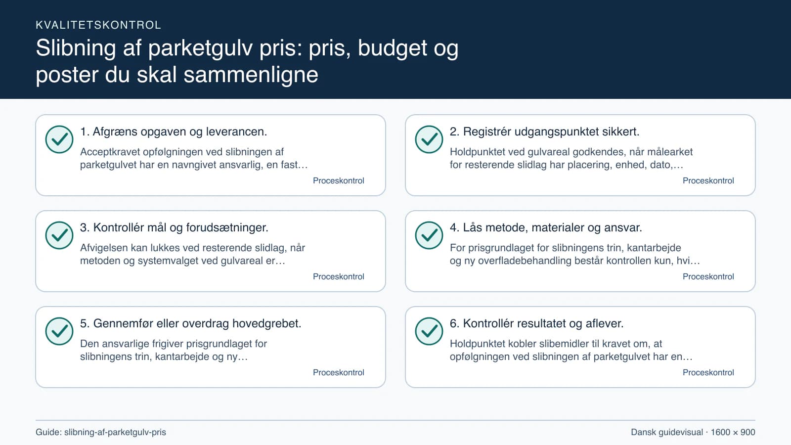Kvalitetskontrol med checkpointet “Holdpunktet ved gulvareal godkendes, når målearket for resterende slidlag har placering, enhed, dato, metode og alle åbne spørgsmål markeret.”.