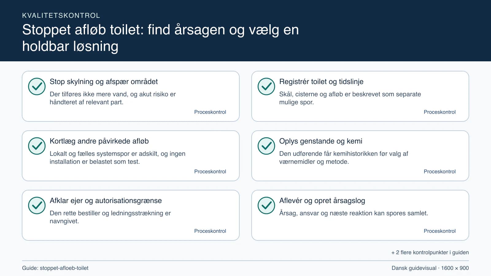 Kvalitetskontrol med checkpointet “Skål, cisterne og afløb er beskrevet som separate mulige spor.”.