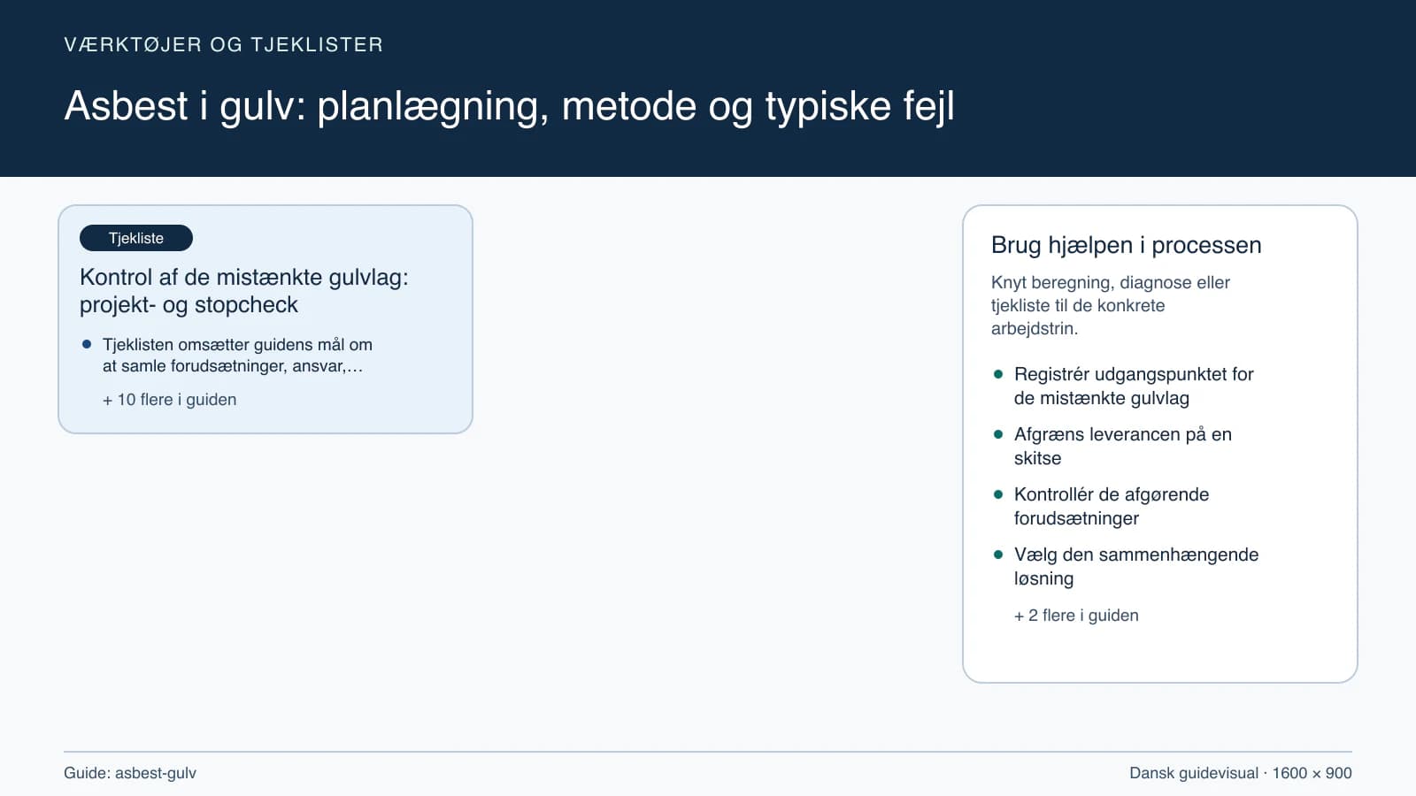 Værktøjsoversigt til “Kontrol af de mistænkte gulvlag: projekt- og stopcheck”.