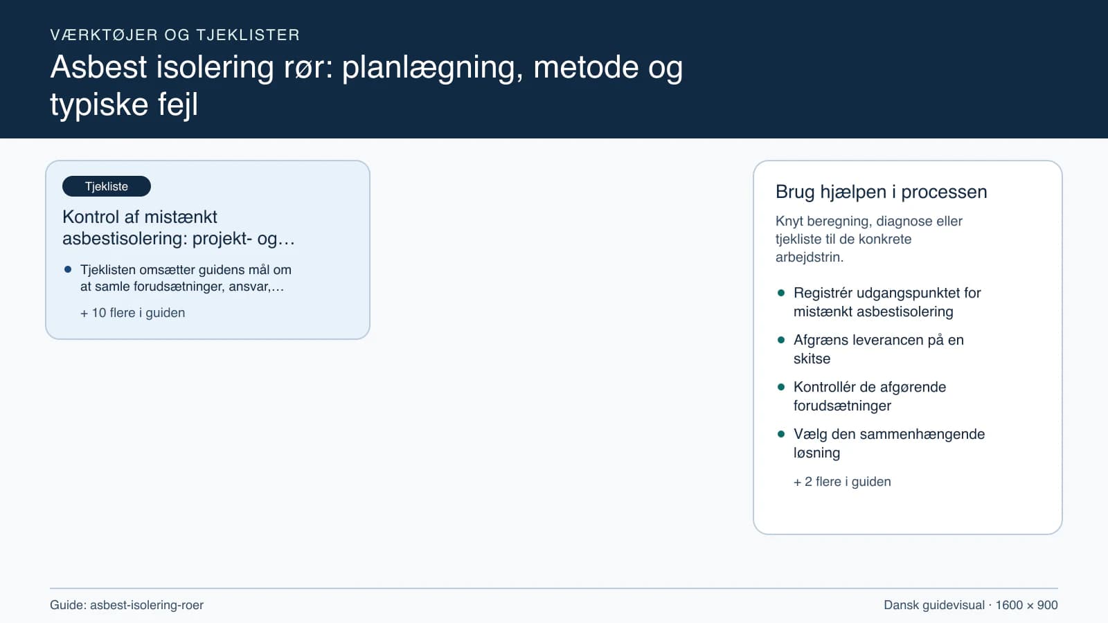 Værktøjsoversigt til “Kontrol af mistænkt asbestisolering: projekt- og stopcheck”.