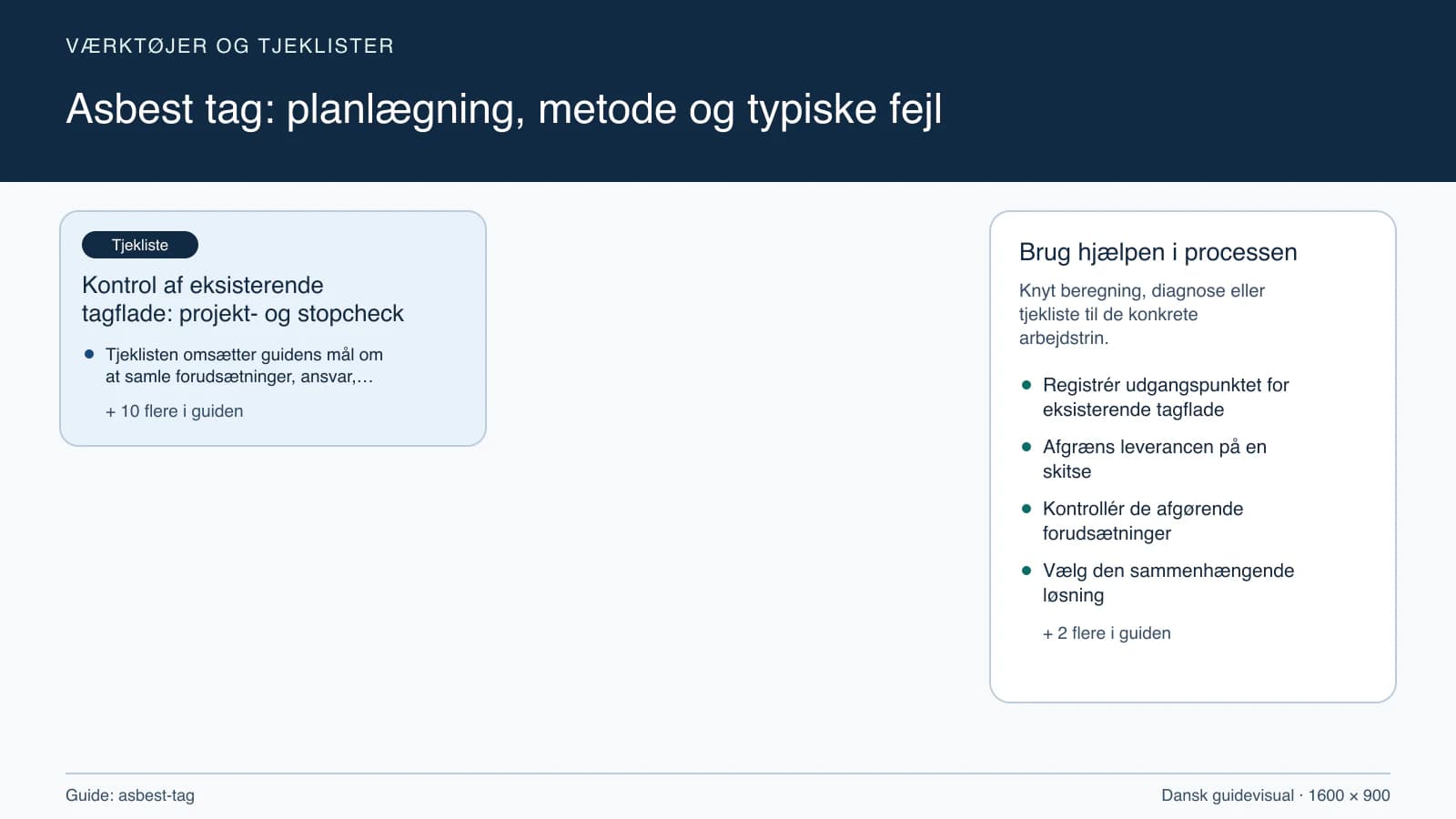 Værktøjsoversigt til “Kontrol af eksisterende tagflade: projekt- og stopcheck”.