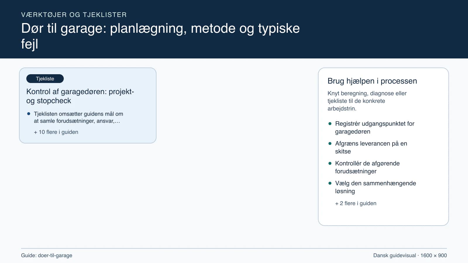 Værktøjsoversigt til “Kontrol af garagedøren: projekt- og stopcheck”.