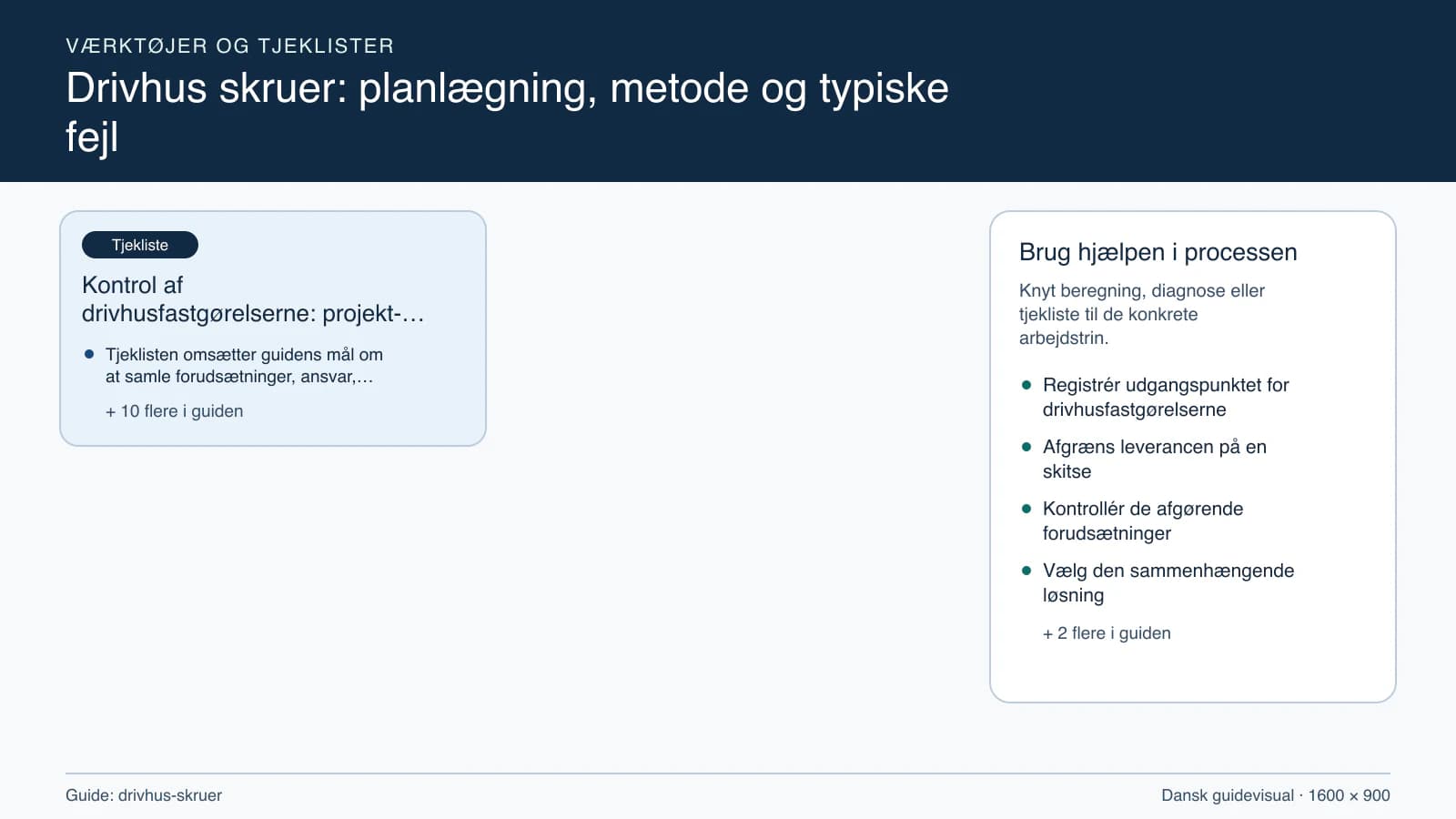 Værktøjsoversigt til “Kontrol af drivhusfastgørelserne: projekt- og stopcheck”.