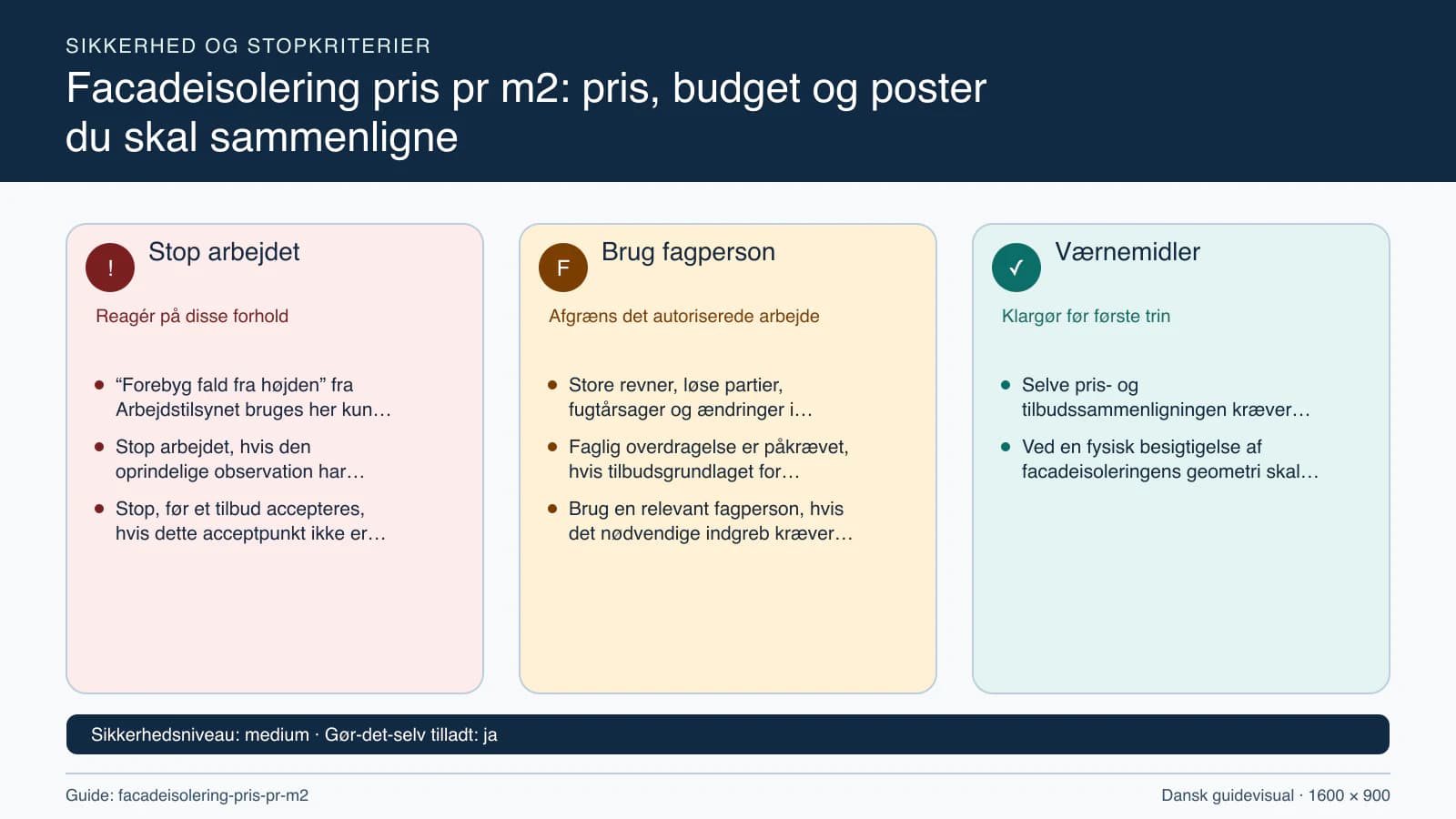 Sikkerhedsoversigt med stopkriterier, fagpersonopgaver og nødvendige værnemidler.