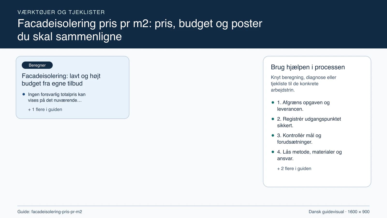 Værktøjsoversigt til “Facadeisolering: lavt og højt budget fra egne tilbud”.