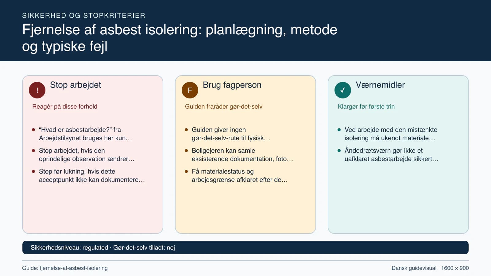 Sikkerhedsoversigt med stopkriterier, fagpersonopgaver og nødvendige værnemidler.