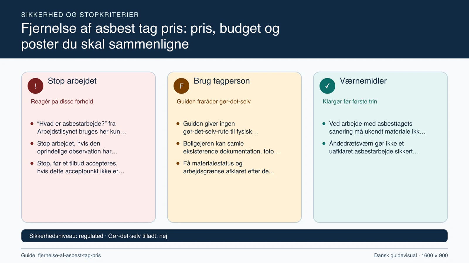 Sikkerhedsoversigt med stopkriterier, fagpersonopgaver og nødvendige værnemidler.