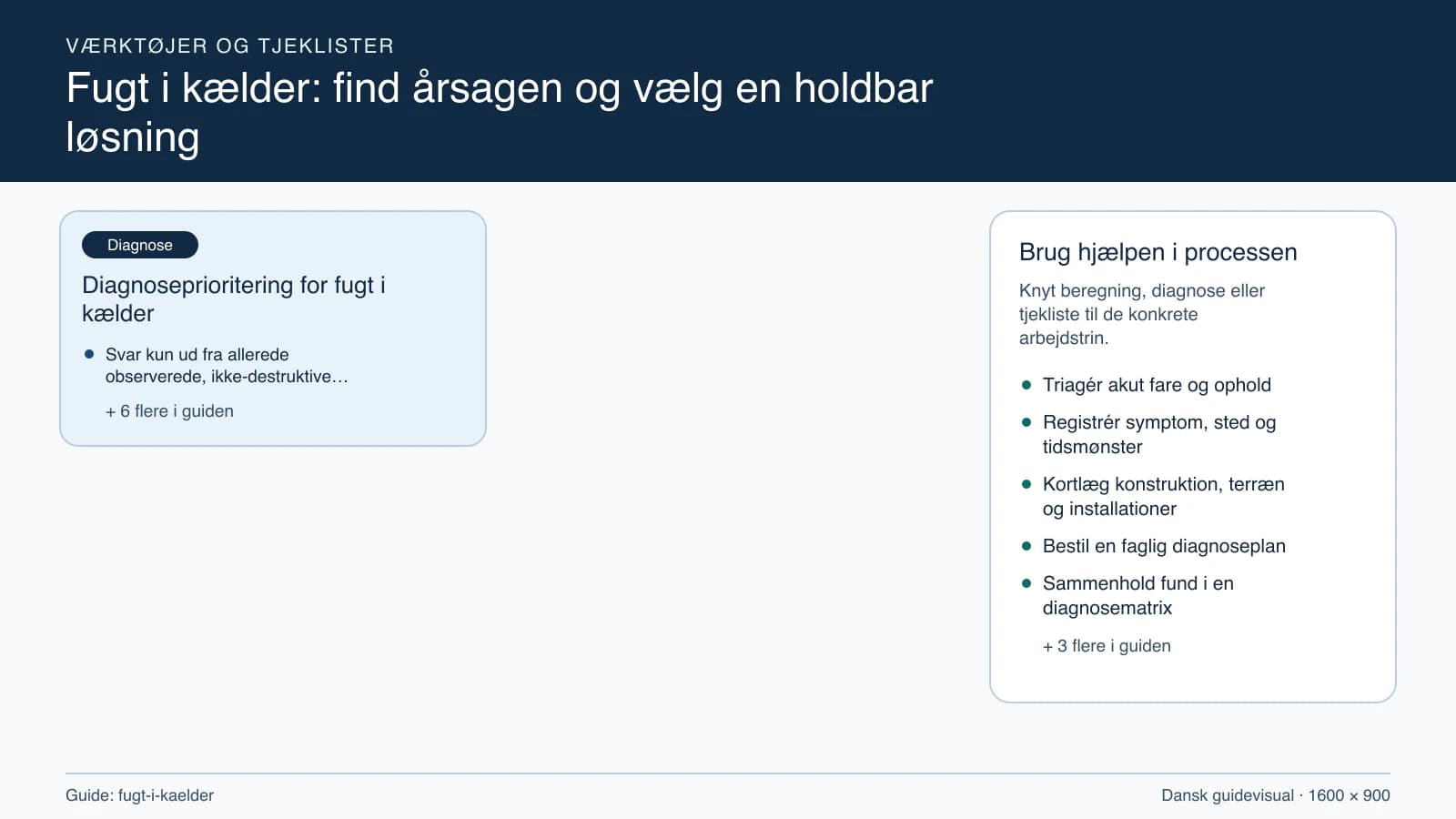 Værktøjsoversigt til “Diagnoseprioritering for fugt i kælder”.
