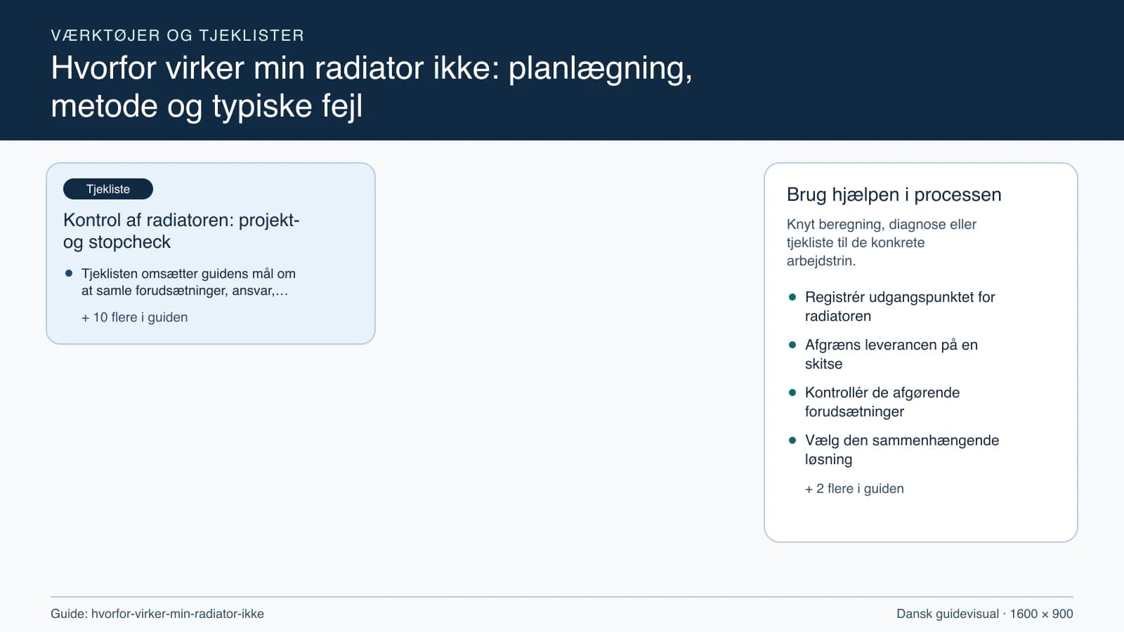 Værktøjsoversigt til “Kontrol af radiatoren: projekt- og stopcheck”.