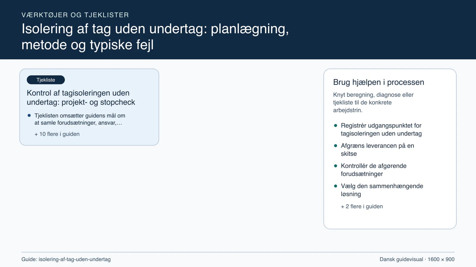 Værktøjsoversigt til “Kontrol af tagisoleringen uden undertag: projekt- og stopcheck”.