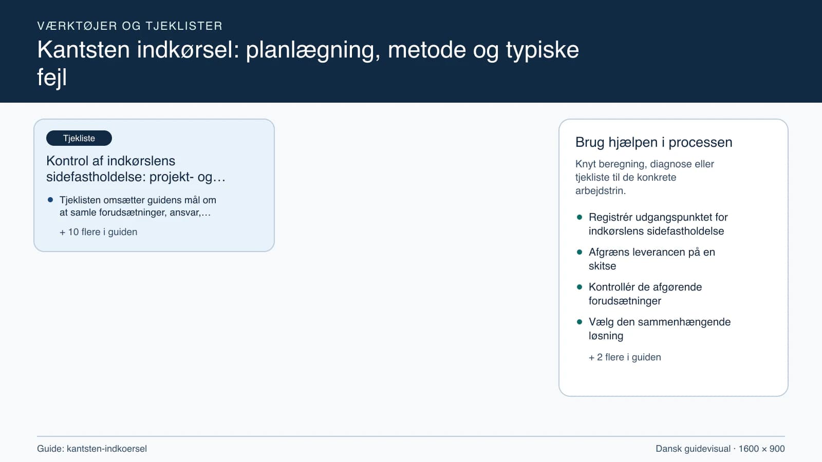 Værktøjsoversigt til “Kontrol af indkørslens sidefastholdelse: projekt- og stopcheck”.