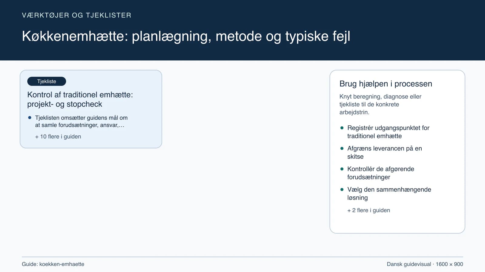 Værktøjsoversigt til “Kontrol af traditionel emhætte: projekt- og stopcheck”.
