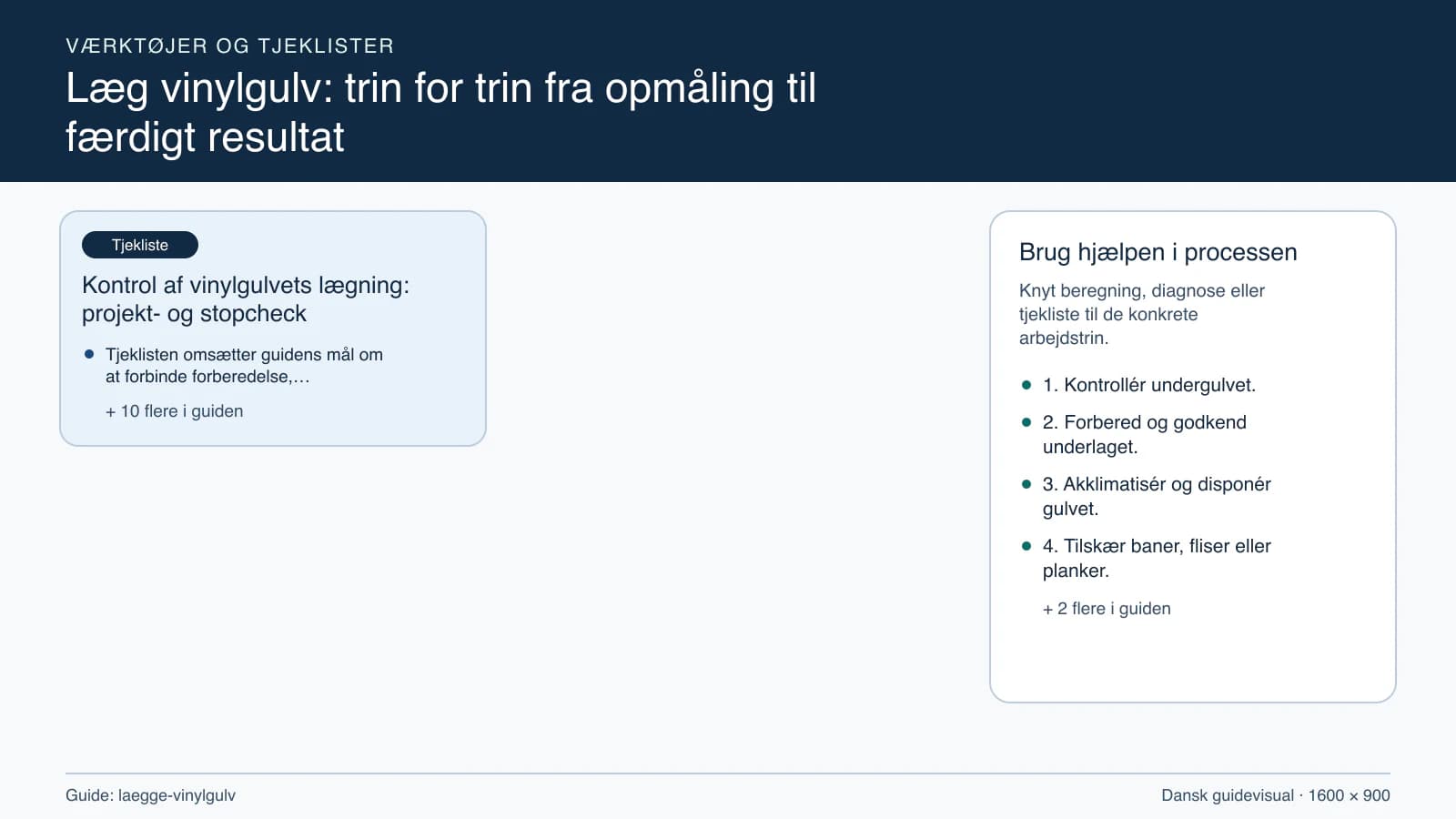 Værktøjsoversigt til “Kontrol af vinylgulvets lægning: projekt- og stopcheck”.