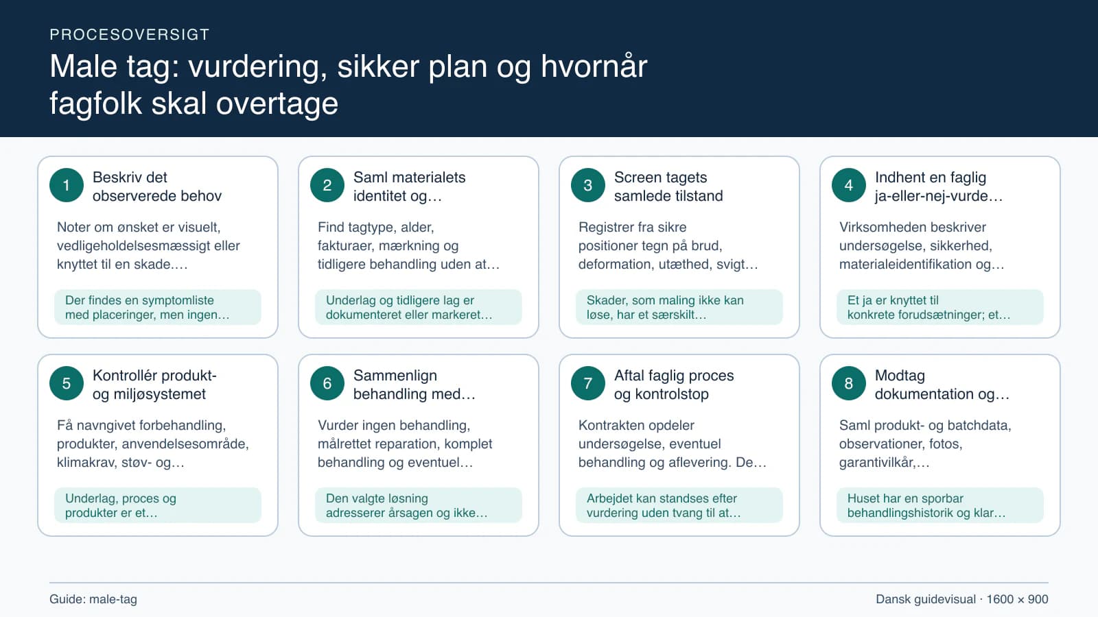 Procesoversigt til guiden “Male tag: vurdering, sikker plan og hvornår fagfolk skal overtage” med konkrete arbejdstrin og kontrolpunkter.