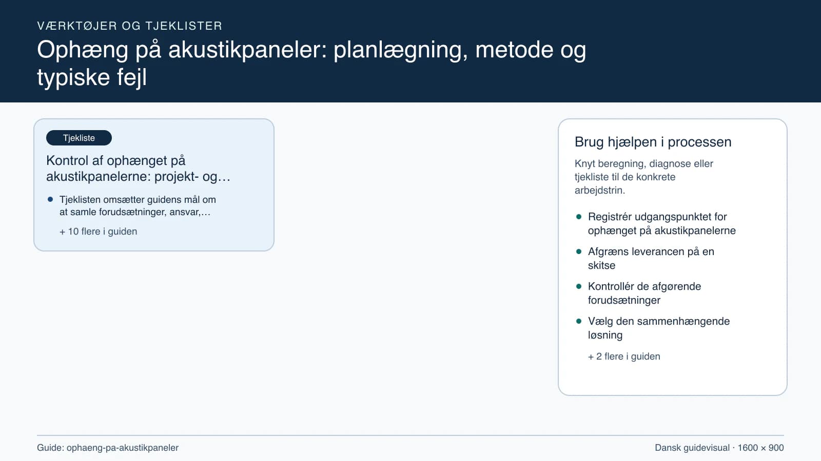 Værktøjsoversigt til “Kontrol af ophænget på akustikpanelerne: projekt- og stopcheck”.