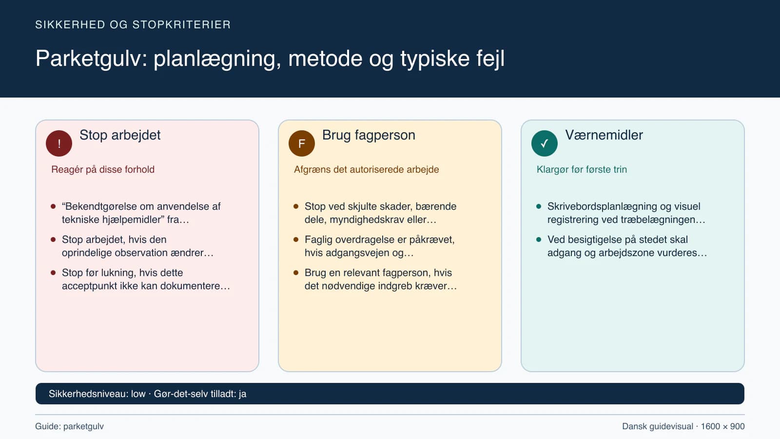 Sikkerhedsoversigt med stopkriterier, fagpersonopgaver og nødvendige værnemidler.