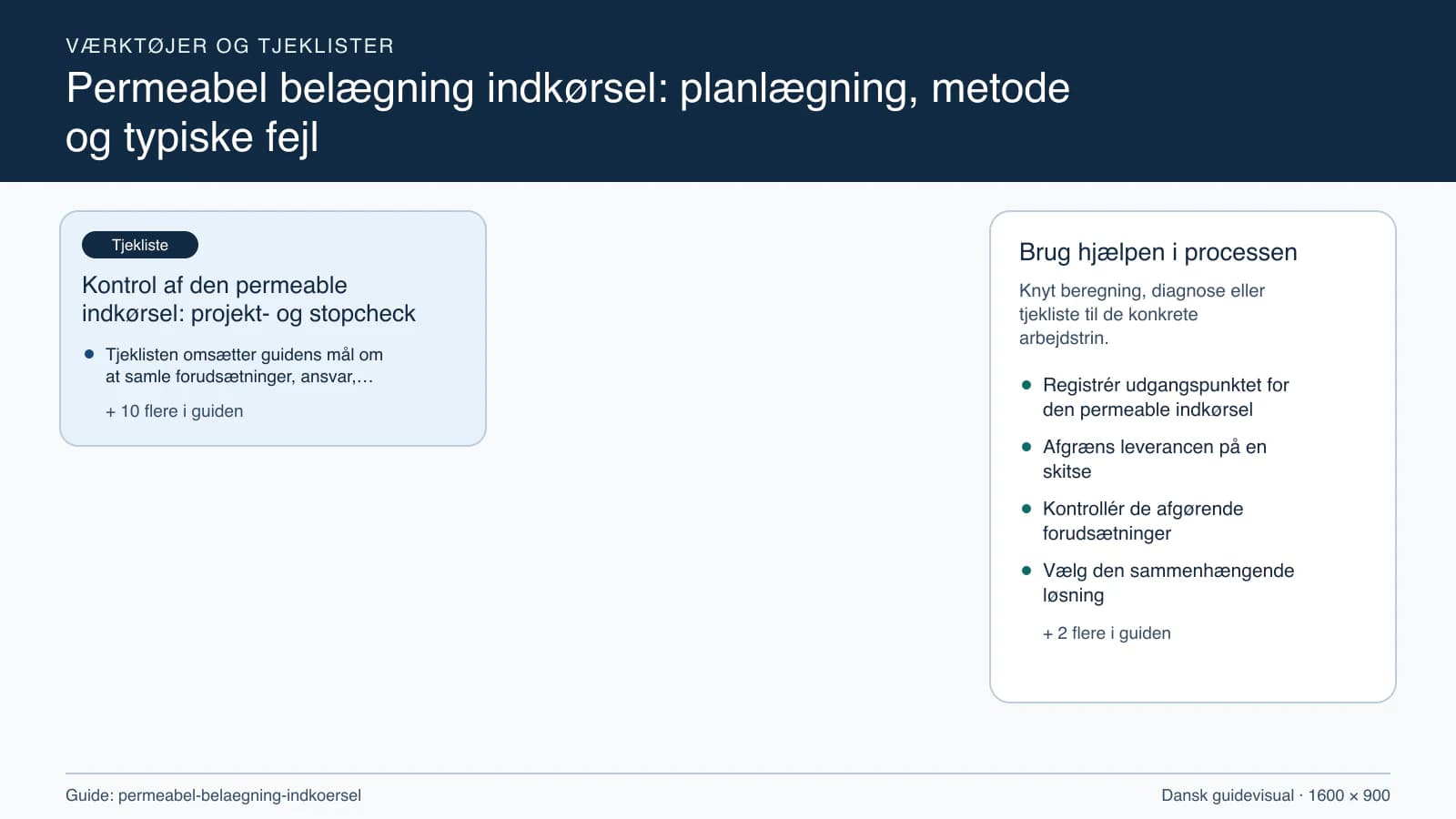 Værktøjsoversigt til “Kontrol af den permeable indkørsel: projekt- og stopcheck”.