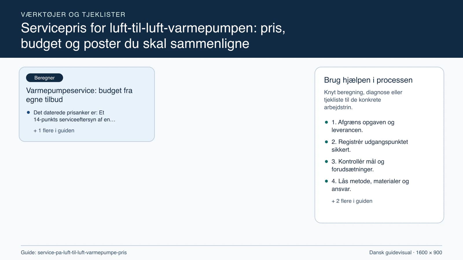 Værktøjsoversigt til “Varmepumpeservice: budget fra egne tilbud”.