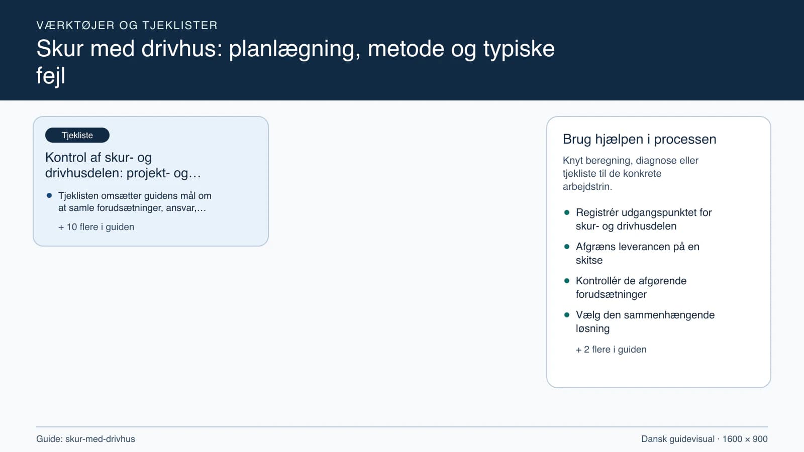 Værktøjsoversigt til “Kontrol af skur- og drivhusdelen: projekt- og stopcheck”.