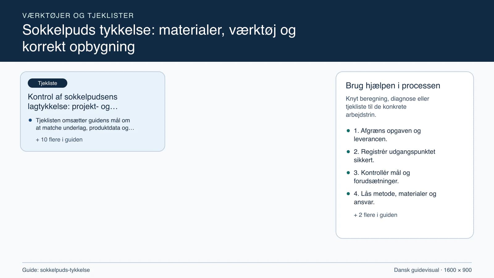 Værktøjsoversigt til “Kontrol af sokkelpudsens lagtykkelse: projekt- og stopcheck”.
