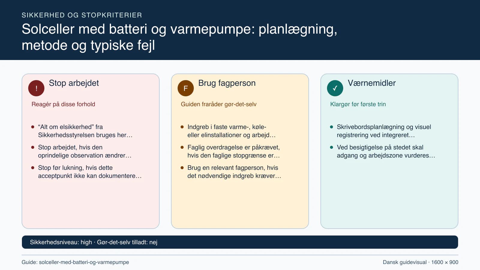 Sikkerhedsoversigt med stopkriterier, fagpersonopgaver og nødvendige værnemidler.