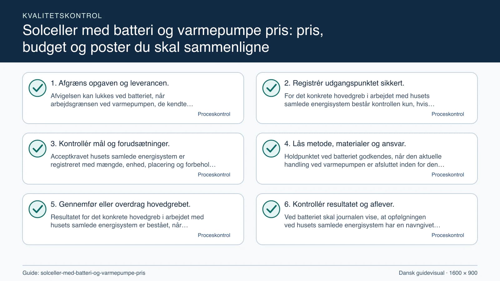 Kvalitetskontrol med checkpointet “For det konkrete hovedgreb i arbejdet med husets samlede energisystem består kontrollen kun, hvis målearket for varmepumpen har placering, enhed, dat…”.