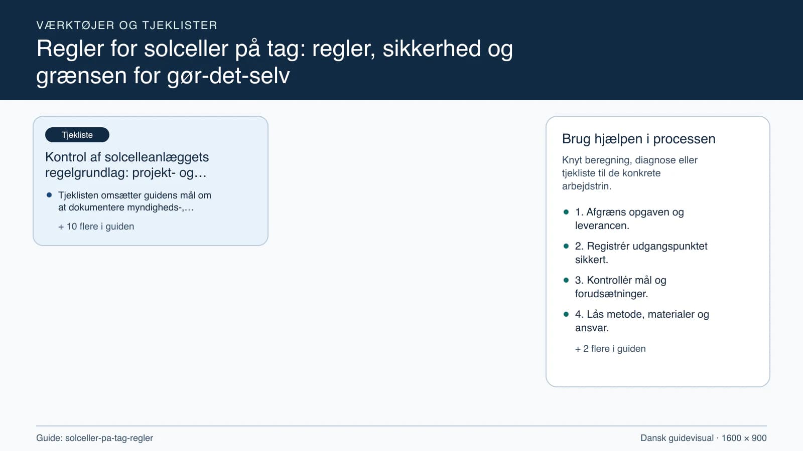 Værktøjsoversigt til “Kontrol af solcelleanlæggets regelgrundlag: projekt- og stopcheck”.