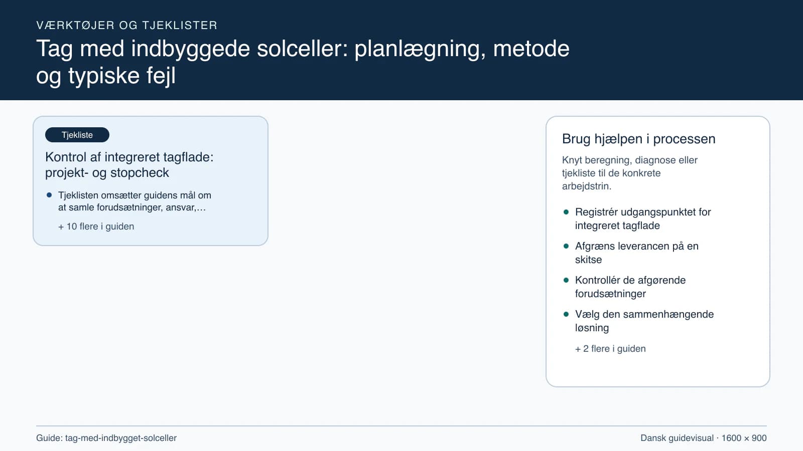Værktøjsoversigt til “Kontrol af integreret tagflade: projekt- og stopcheck”.