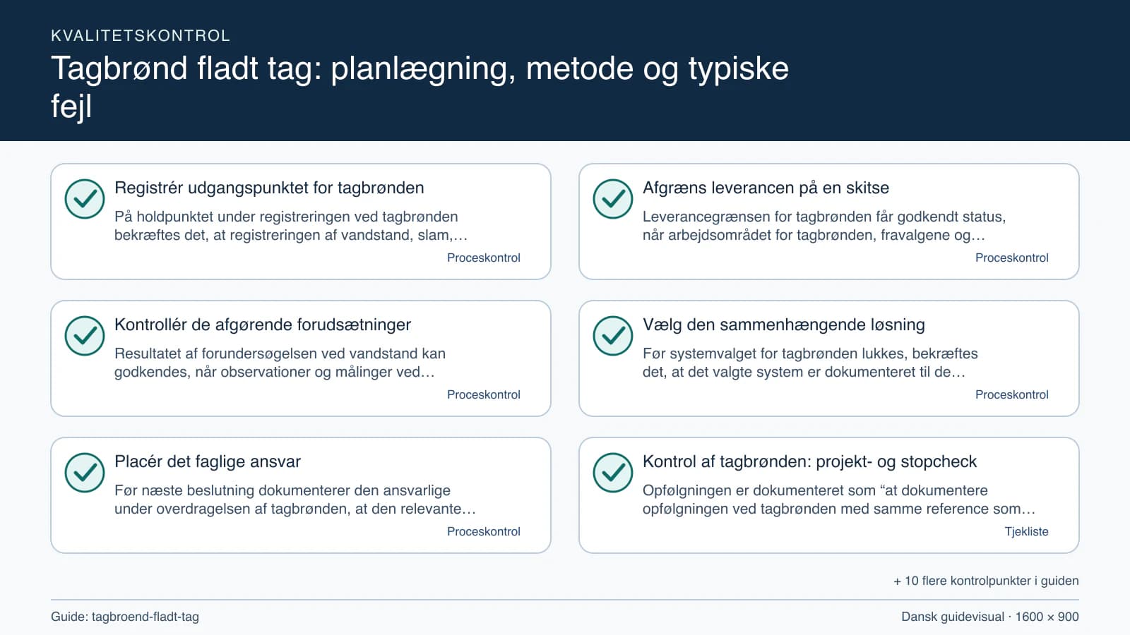 Kvalitetskontrol med checkpointet “Leverancegrænsen for tagbrønden får godkendt status, når arbejdsområdet for tagbrønden, fravalgene og vandstand fremgår af den samme målskitse.”.