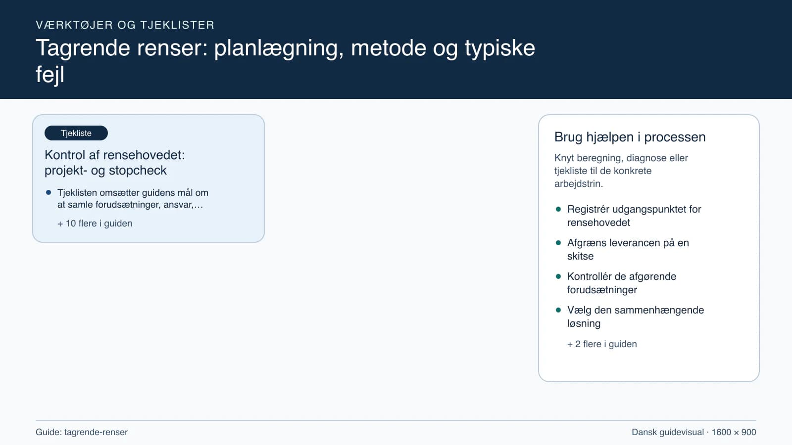 Værktøjsoversigt til “Kontrol af rensehovedet: projekt- og stopcheck”.