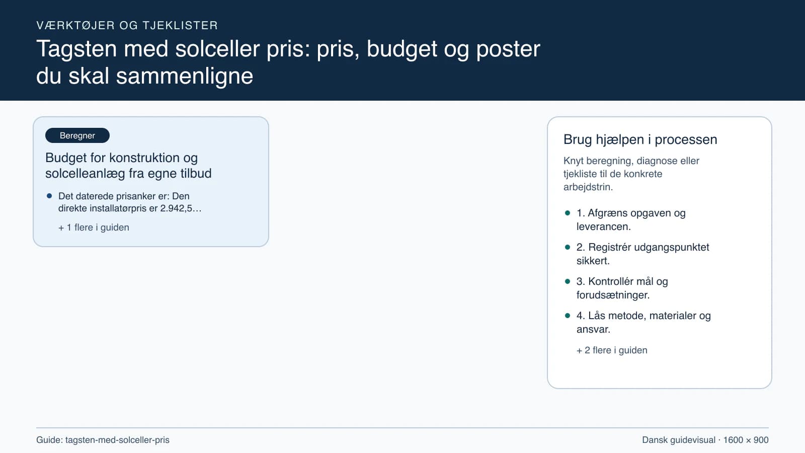 Værktøjsoversigt til “Budget for konstruktion og solcelleanlæg fra egne tilbud”.