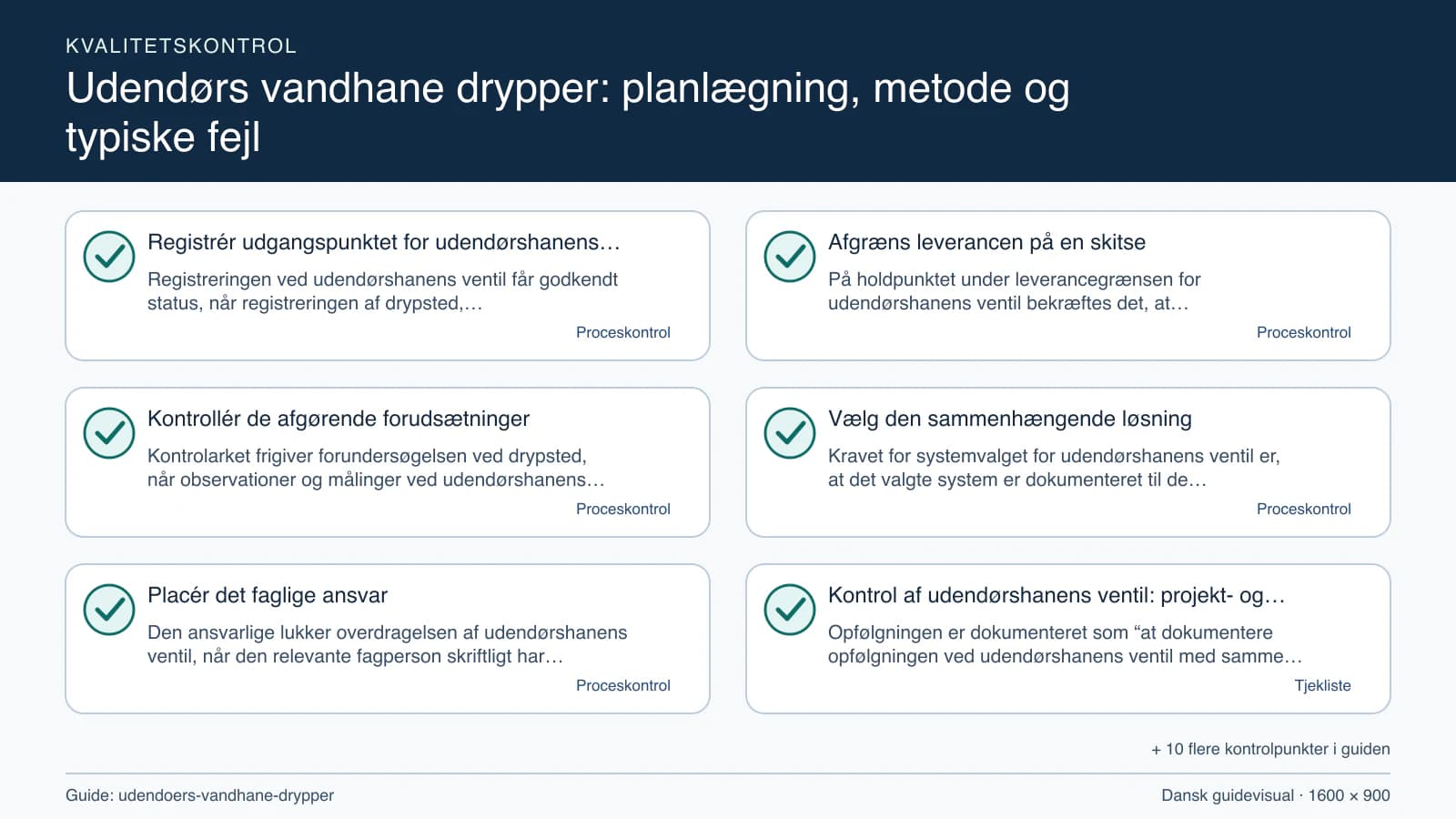 Kvalitetskontrol med checkpointet “På holdpunktet under leverancegrænsen for udendørshanens ventil bekræftes det, at arbejdsområdet for udendørshanens ventil, fravalgene og drypsted fr…”.