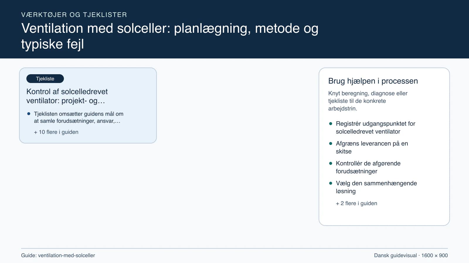 Værktøjsoversigt til “Kontrol af solcelledrevet ventilator: projekt- og stopcheck”.